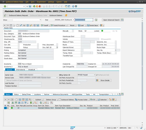 View SAP EWM outbound delivery screenshot in ShipERP