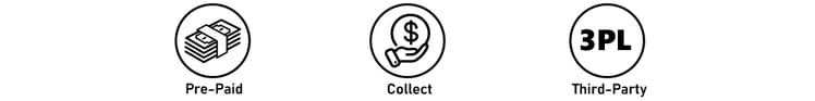 Billing options icons: pre-paid, collect, third-party